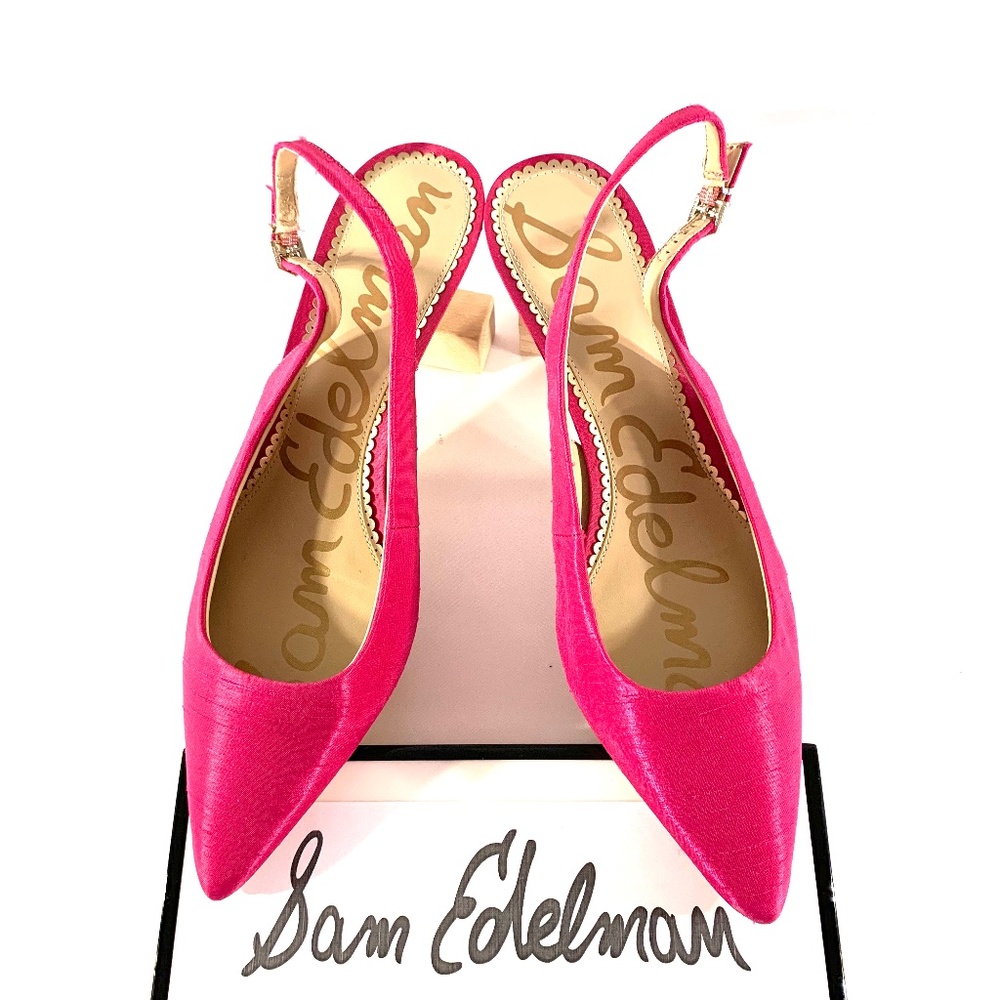 Sam Edelman Pointy-Toe Fuschia Silk Slingback Pumps size 10 kitten heel 40mm